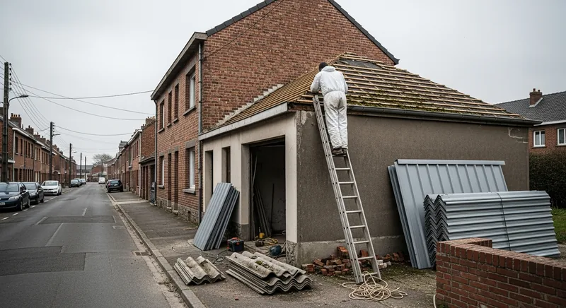 Toiture de garage fibrociment dans une cité, Béthune, quartier du Mont-Liébaut